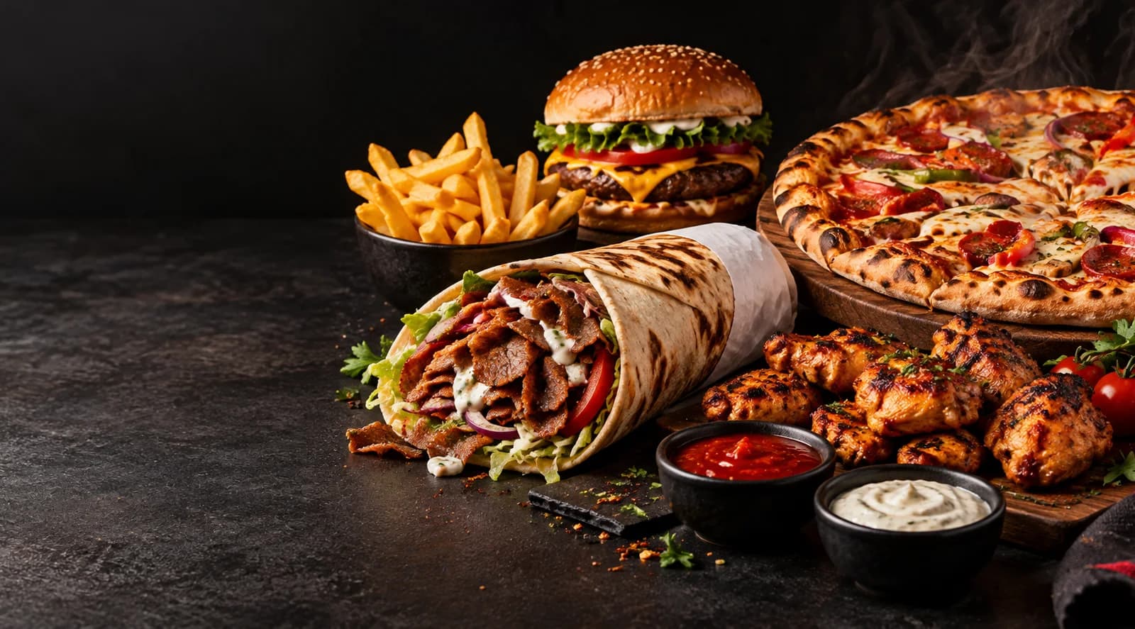 Kebab, pizza, burger and grilled food selection